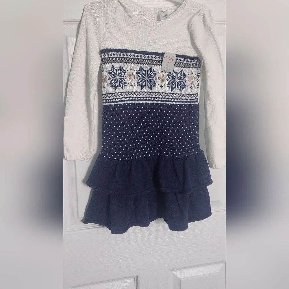 NWR Gymboree 6 Navy&White Lsleeves Knited Tiered Ruffles Snowflake Girl's Dress